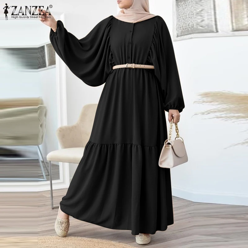Women Casual Belted Jilbab Sundress ZANZEA Elegant Long Puff Sleeve Muslim Shirt Dress Oversized Hijab Caftan Islamic Clothing