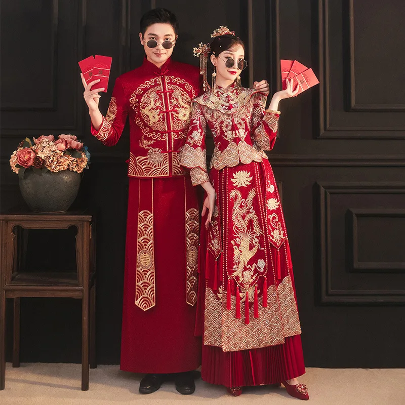 2022 Bride Red Embroidery Qipao Wedding Dress Retro Chinese Style Cheongsam Toast Clothing Size S-2XL