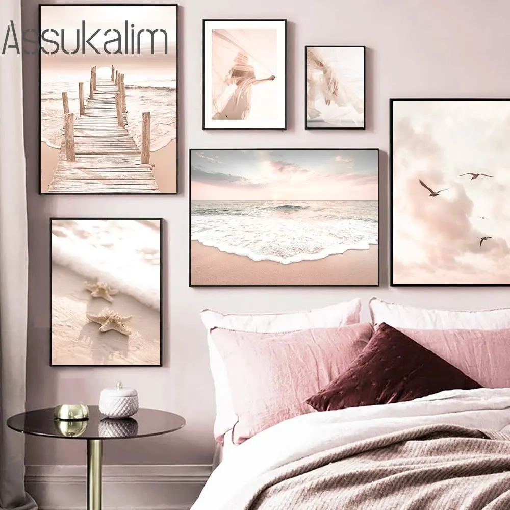 

Pink Scenery Wall Pictures Bridge Canvas Painting Beach Birds Print Posters Starfish Art Prints Nordic Poster Living Room Decor