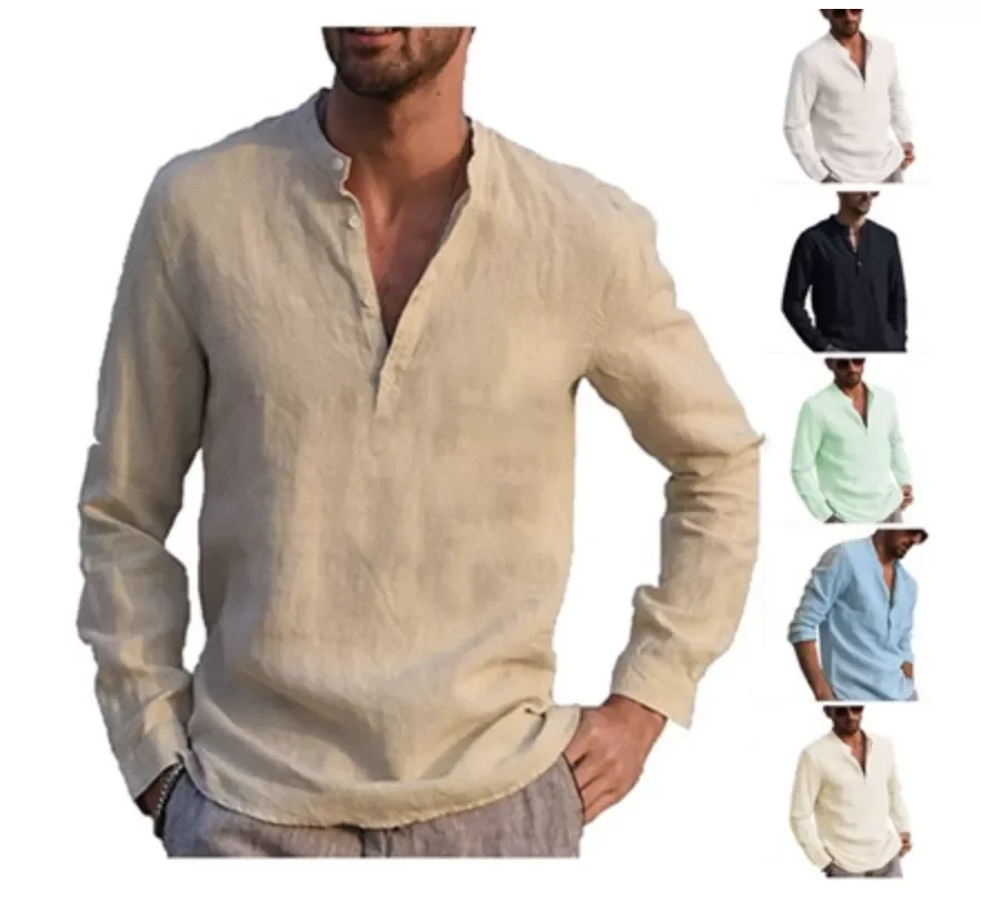 

Autumn New Men's Long Sleeve Linen V-neck Shirts Male Casual Solid Color Cotton Linen Shirt Tops S-2XL