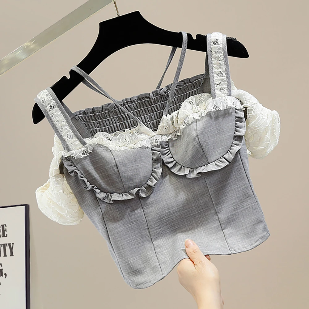 

Женский Кружевной укороченный топ, повседневный эластичный серый топ составного кроя со складками и оборками на спине, лето