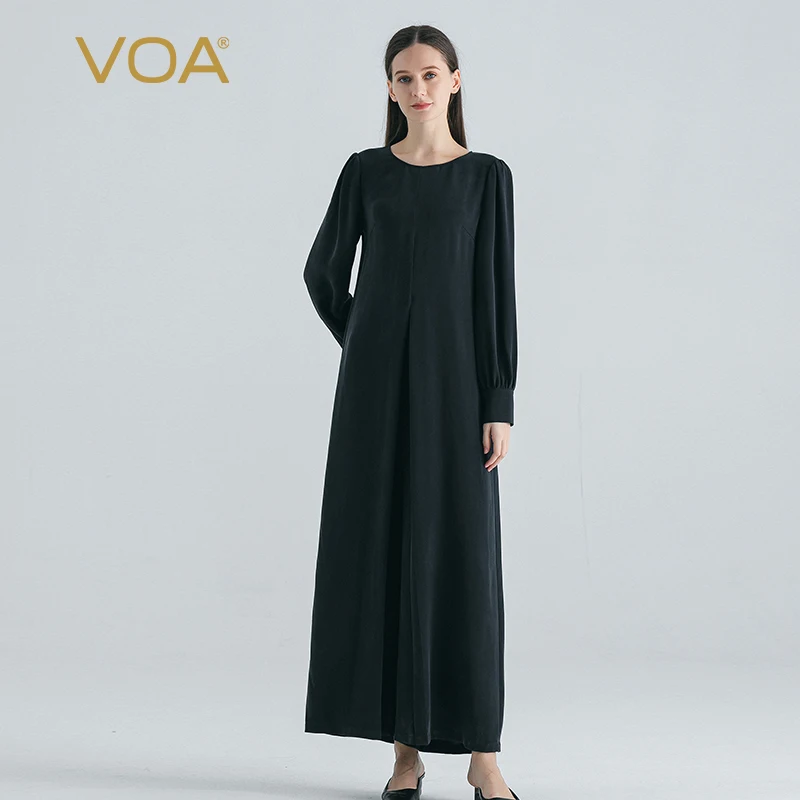 VOA 30 Momme Heavyweight Silk Navy Office O-neck Ladies Shirt Long Sleeve Loose Waist Thick Straight Jumpsuits for Women KE868