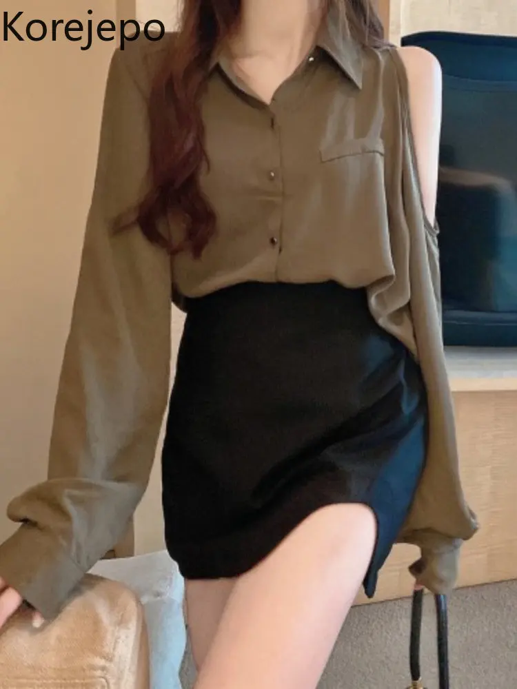 

Корейская рубашка в зрелом стиле женские простые рубашки с открытыми плечами Весна 2023 Новый Универсальный однотонный свободный шикарный т...
