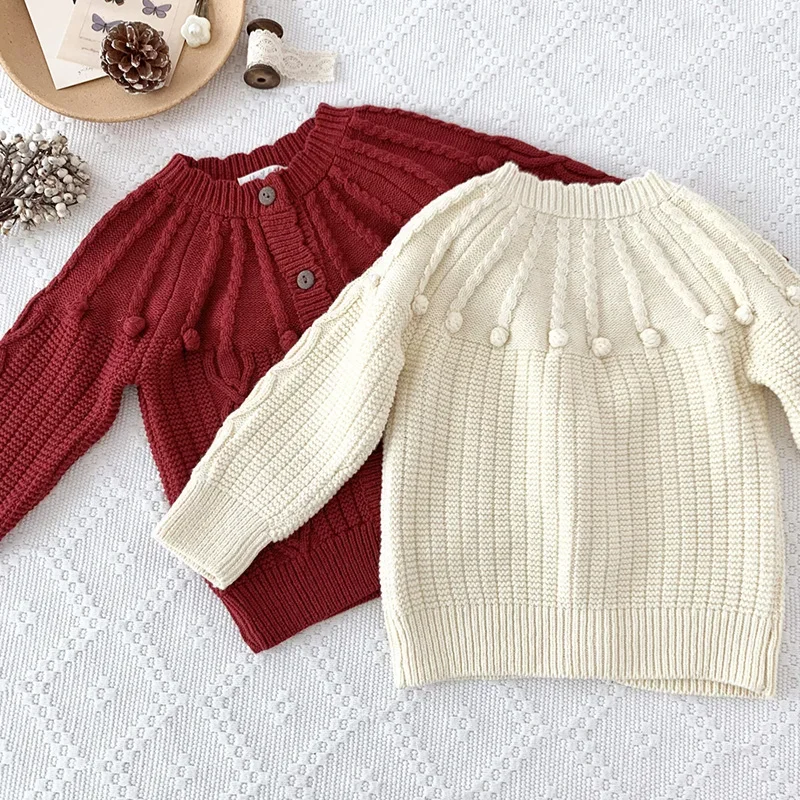 2025 год вязаный кардиган с шариками для маленьких девочек свитера длинными