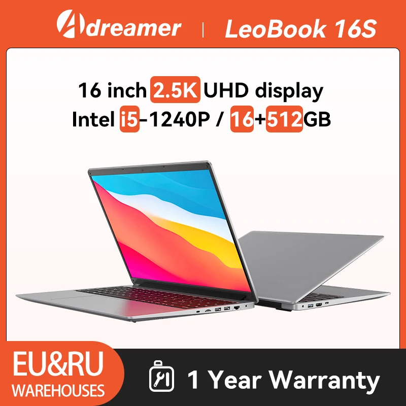 Adreamer LeoBook 16S Laptop 16 Inch 2.5K 2560x1600 IPS UHD Notebook Intel i5-1240P 16GB RAM 512GB ROM 55Wh Windows 11 Computer