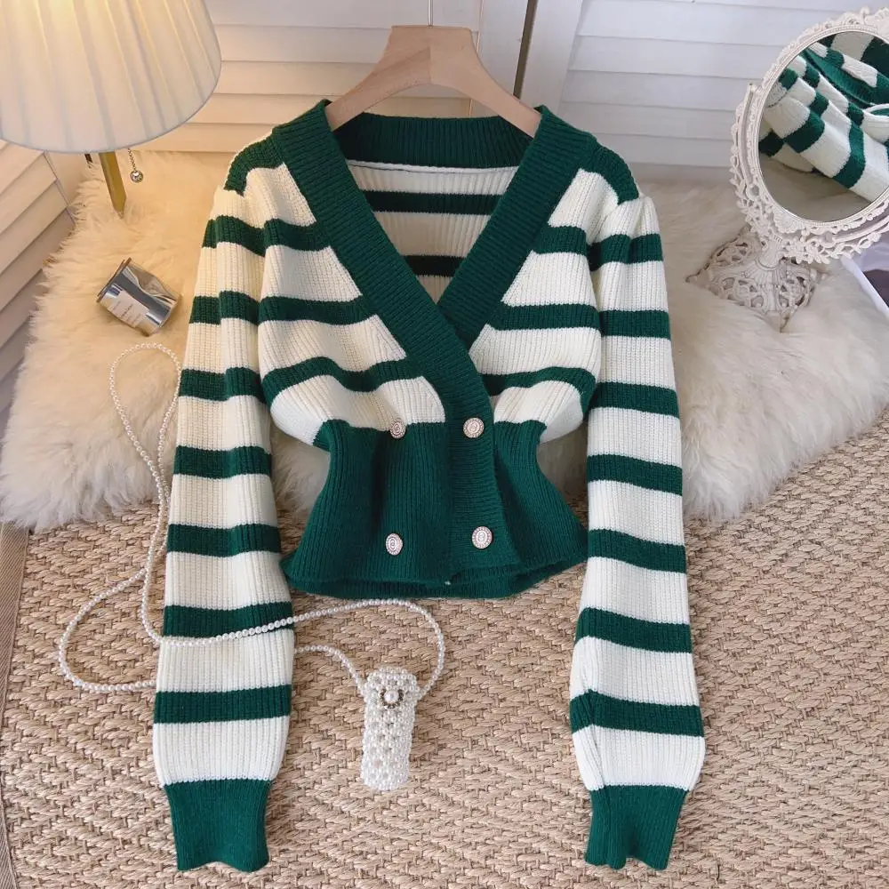 

Knit French Chic Sweater Cardigan Striped Color Blocking Sweaters Tops Female Casual Ladies V-Neck Women Clothes Dropshipping