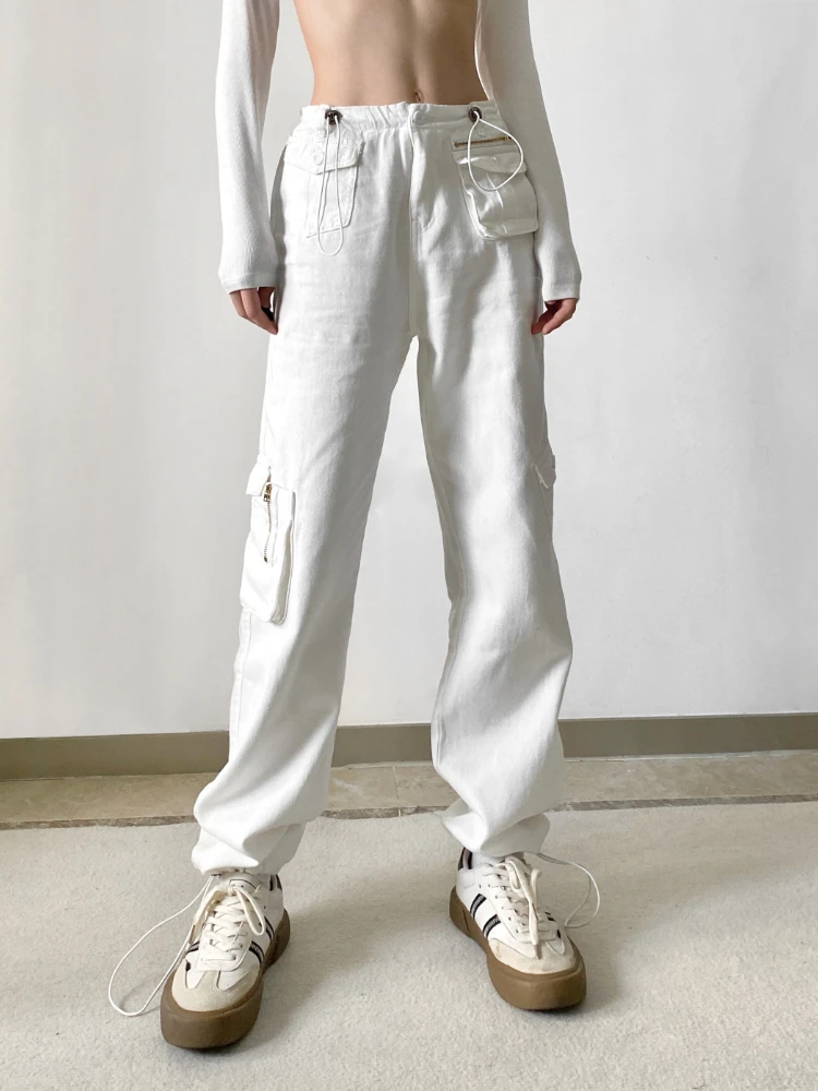 

Брюки-карго женские с несколькими карманами, белые мешковатые джинсы с регулируемой заниженной талией, с широкими штанинами, повседневные ...