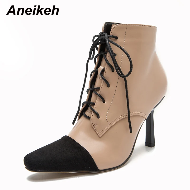 

Aneikeh Fashion Autumn Winter 2022 New Black Flock Square Toe Thin High Heel Women Shoe Rome Chelsea Boots Cross-Tied Size 36-42