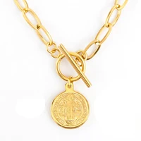 gold stainless steel saint benedict medal toggle pendent necklace metal san benito medalla chunky cubana chain choker necklace