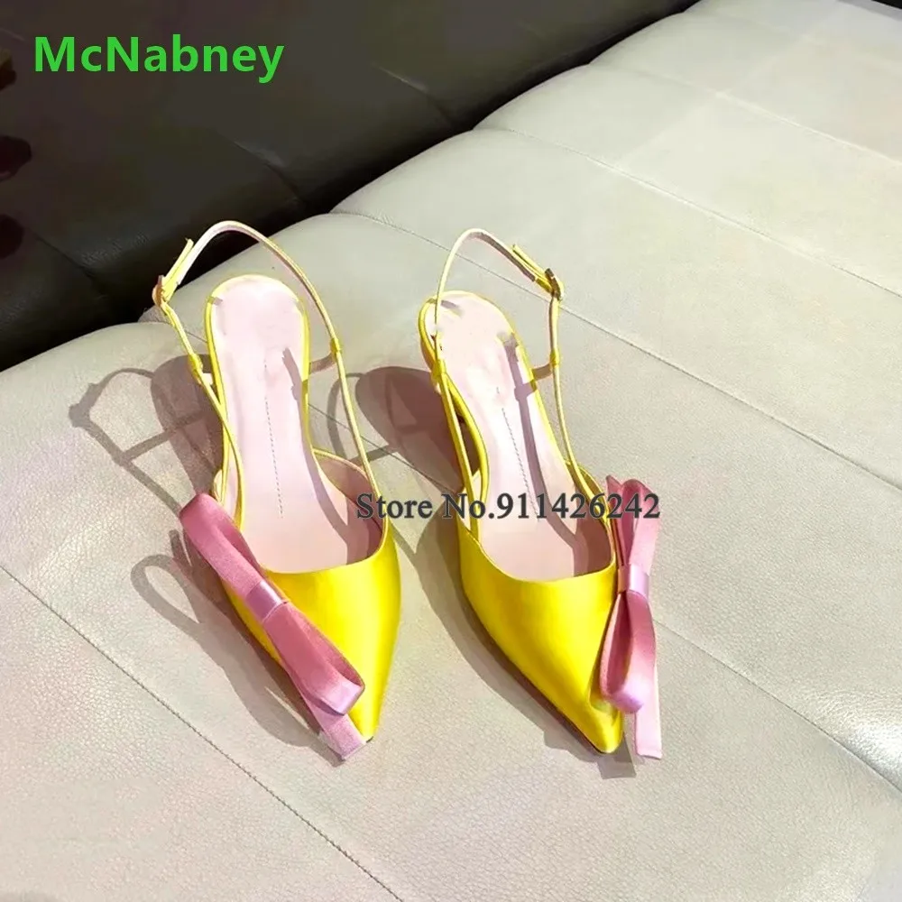 Yellow Silks And Satins Pink Butterfly-knot Pumps For Female Women 2023 New Slingback Buckle Strap Pointed Toe Kitten Heel Shoes