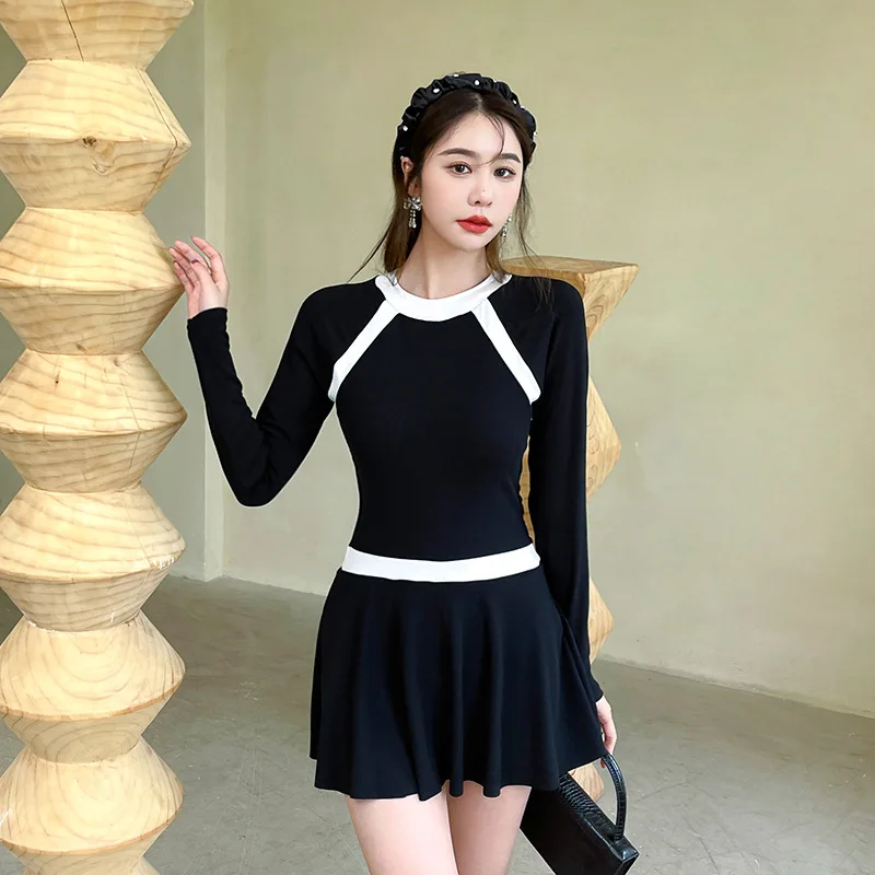 

Bikini Fashion Sexy Hot Spring Swimsuit Sexy Slimming Covering Belly Thin Long Sleeve Conservative One-Piece Dress Swimsuit for