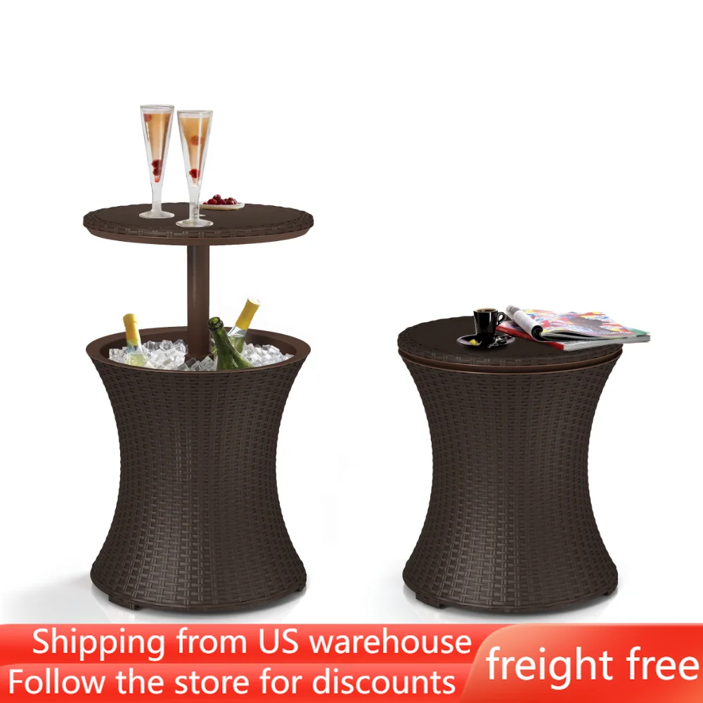 

7,5 галлонов крутой бар, уличный охлаждающий стол для напитков из смолы для патио, дополнительное хранилище, коричневый ротанговый вид