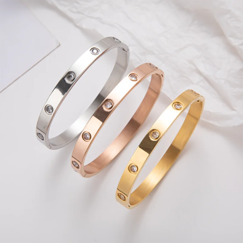7mm 4mm Stainless Steel Bangles For Women Bracelets On Hand Lady Girl Women's Fashion Jewelry Rhinestone Ring Set Designer Gifts