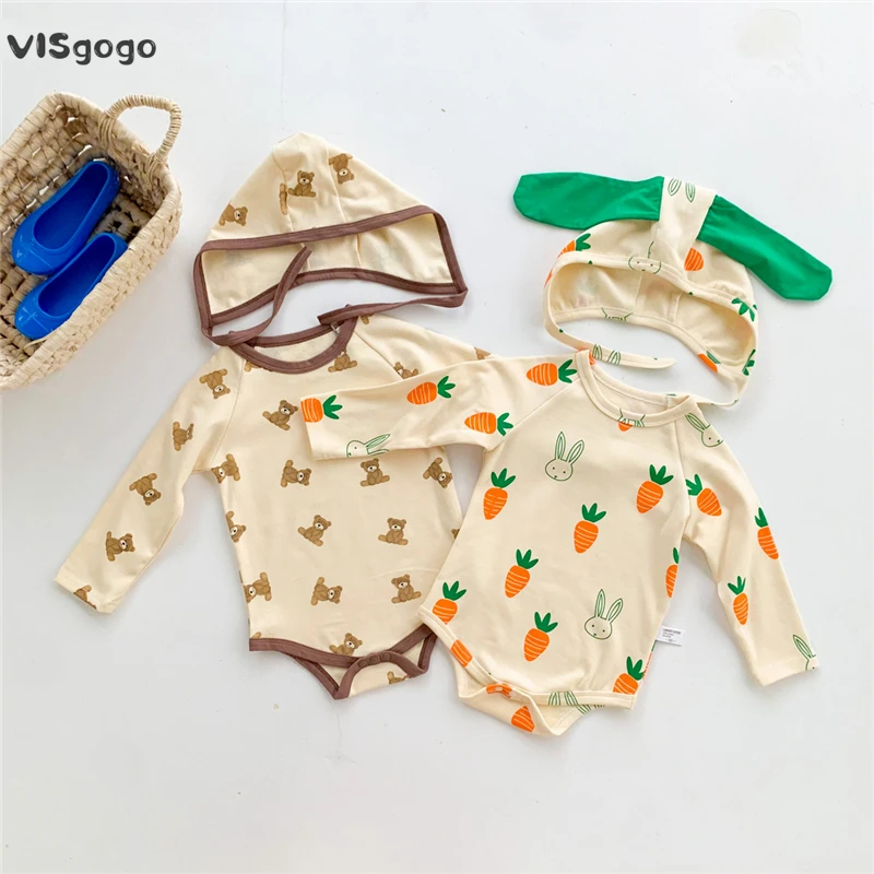 

VISgogo Baby Girls Boys Spring Fall Rompers Cute Bear/Carrot Print Long Sleeve Jumpsuit Hat Outfit Infant Casual 2PCS