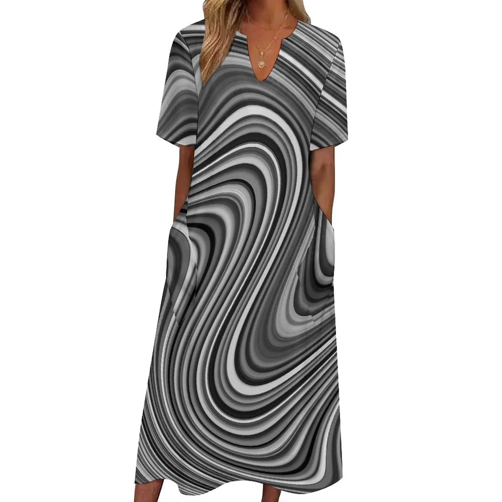 

Black White Marble Dress Curvy Lines Print Cute Maxi Dress Street Style Casual Long Dresses V Neck Graphic Clothing Big Size 5XL