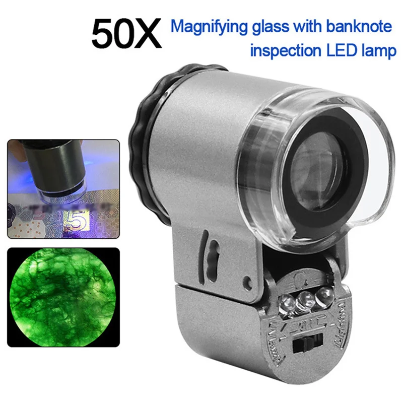 

50X Handheld Vergrootglas Portable Mini Pocket Microscoop Vergrootglas Met Led Light Valuta Detector Sieraden Jade Vergrootglas