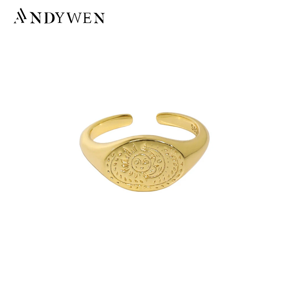 

ANDYWEN 925 Sterling Silver Gold Plain Sunflower Oval Resizable Women Rings Luxury Jewelry 2021 Women Rock Punk Jewelry