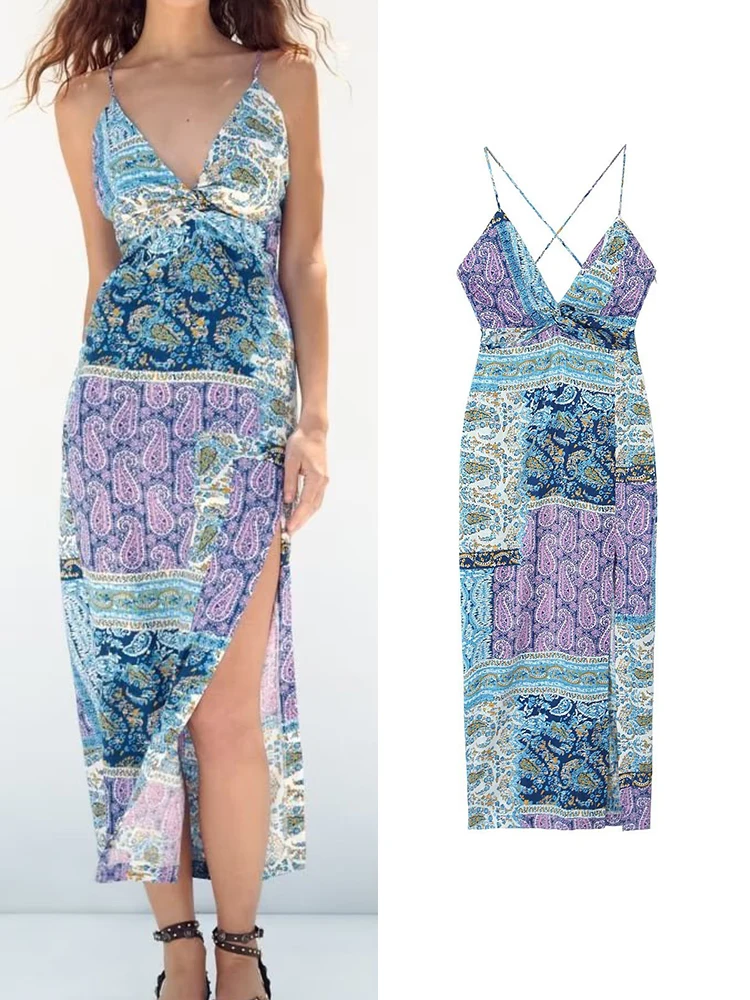 

TRAF Summer Women Print Camisole Dress 2023 New Beach Holiday Style Deep V-Neck Sleeveless Bohemian Side Slit Sheath Long Dress