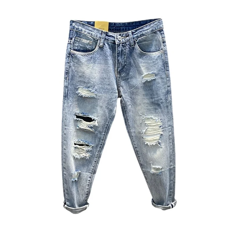 

Новинка лета 2023, свободные джинсы с полыми отверстиями, 9-точечные мужские модные прямые ажурные модные мягкие удобные для поездок