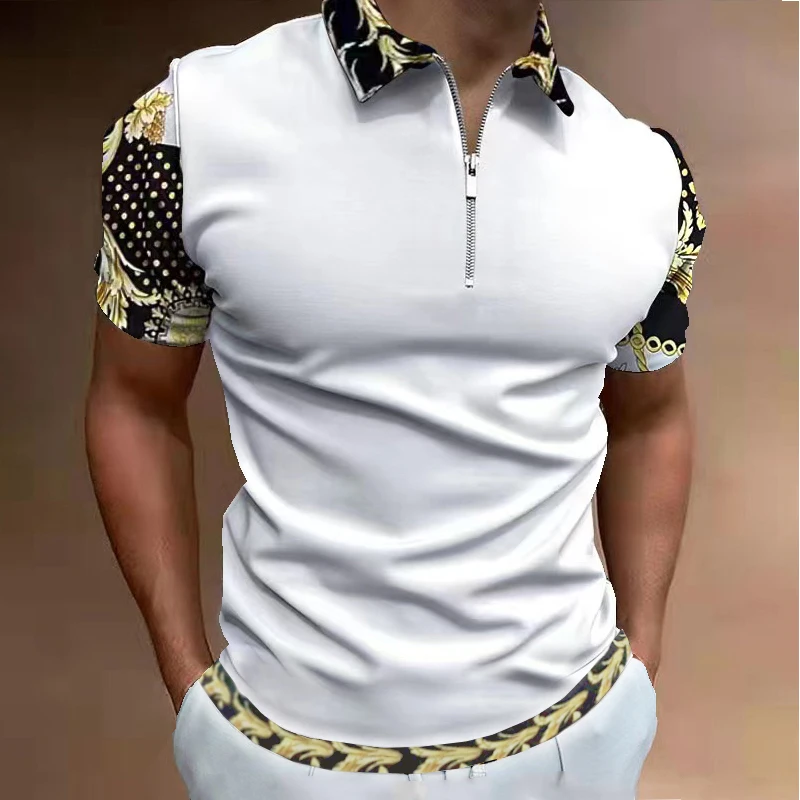

Рубашка-поло мужская с коротким рукавом, винтажная Повседневная блуза с отворотом, на молнии, топ с цифровым принтом, лето