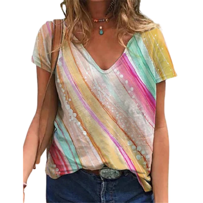 

Повседневные летние футболки, новинка 2022, модные женские топы с принтом Tie Dye, с коротким рукавом и V-образным вырезом, уличная одежда, женские...