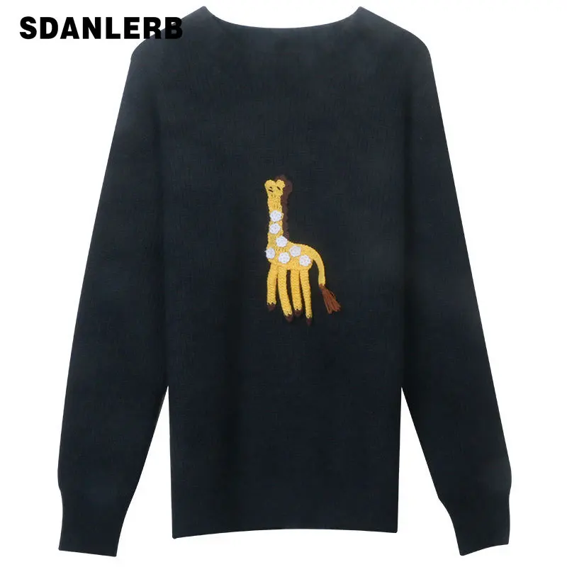 

Women's Autumn and Winter New Black Knitted Pullover Crocheted Flower Idle Style Round Neck Outer Wear Mid-Length Sweater