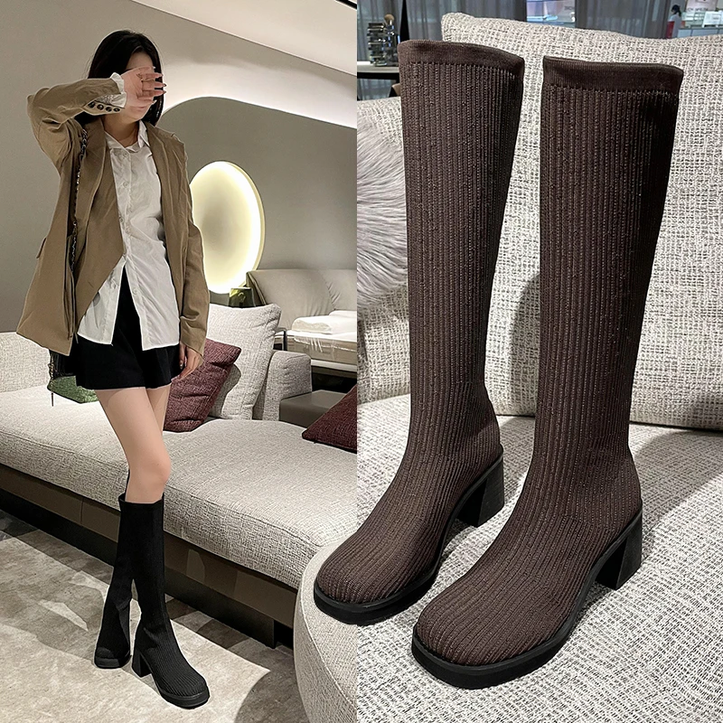 

Женские ботинки на высоком каблуке, новинка сезона осень-зима 2022, вязаные эластичные модные ботинки с высокой талией и квадратным каблуком