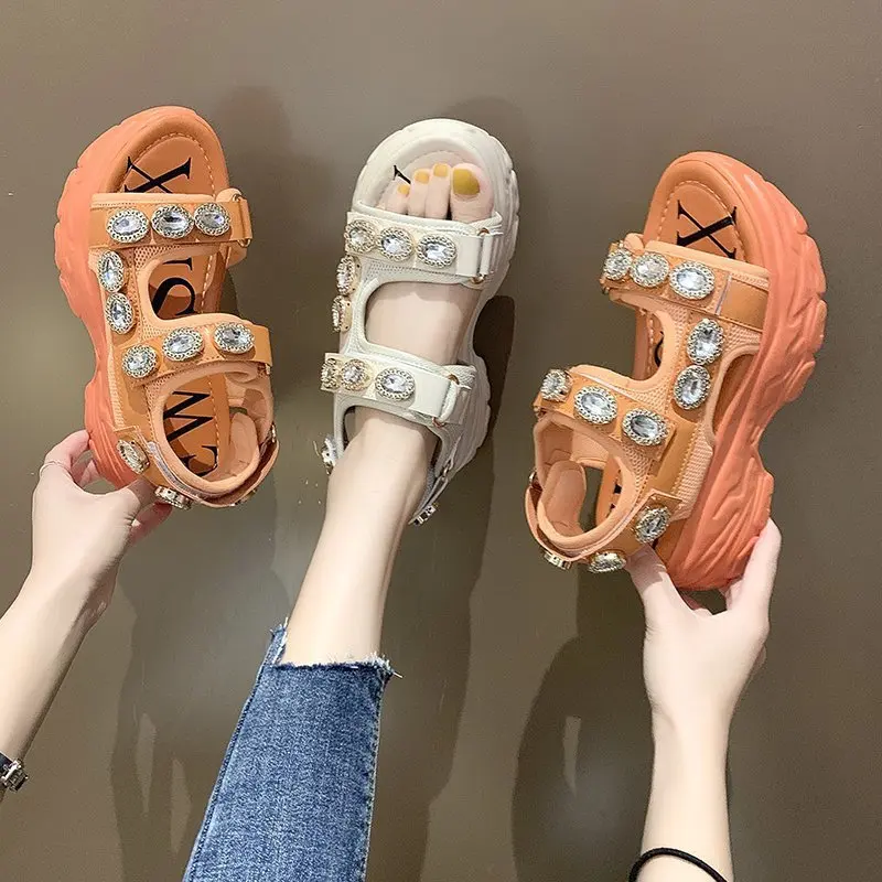 

Women's Summer Rhinestone Candy Color Collegiate Style Sandals Velcro Platform Student Sportswear Shoes Platform Sandals