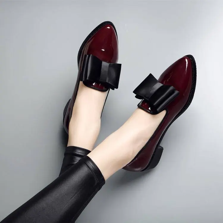Spring Autumn Women Shoes Bowtie Loafers Patent Leather Women's Low Heels Slip On Footwear Female Pointed Toe Thick Heel