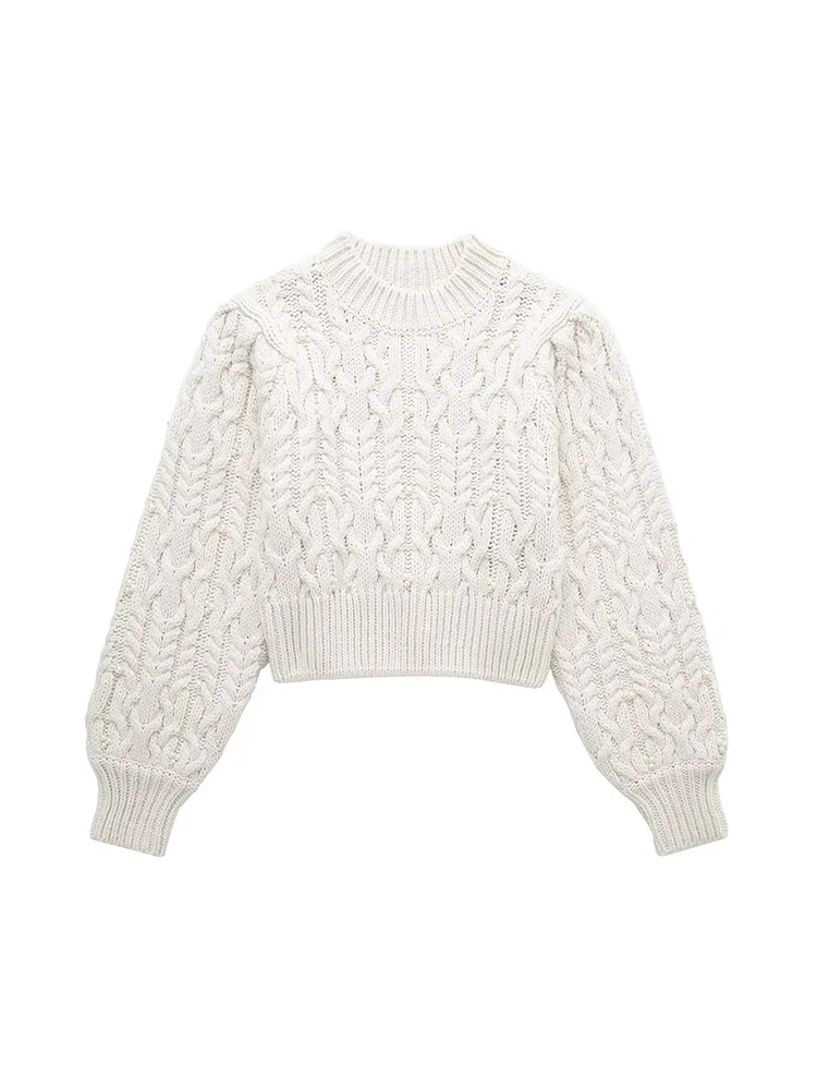 

2022 Fashion Women Clothing High Street Faux Pearl Long Sleeve Pullover Sweater Jumper Crew Neck Cable Knitted Cropped Sweaters