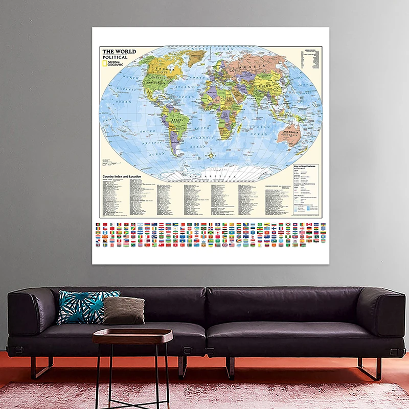 

150x150cm Non-woven World Map With Flags And Country Index and Location For Culture And Education