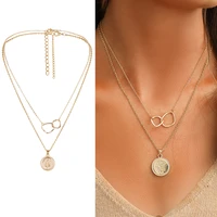 double layered alloy round pendant necklace for women simple female long chain coin necklace rose flower collar female jewelry