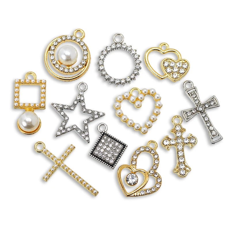 

10Pcs NEW Star Heart Cross Pendant Luxury Rhinestone Pearl Alloy Charm for Women's Earrings Bracelet Necklace Handmade Supplies