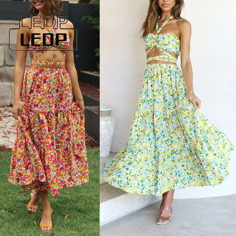 

LEDP Sexy Elegant High Waist Chiffon Print Midi Dress Women 2022 Summer Fashion Casual Lace Up Sweet and Comfortable Dress Women