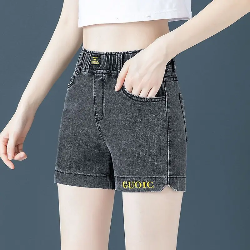High Waist Plus Size Denim Shorts Women New Thin Booty Shorts Elastic Elastic Embroidery Slimming Wide Leg Shorts Women Clothing