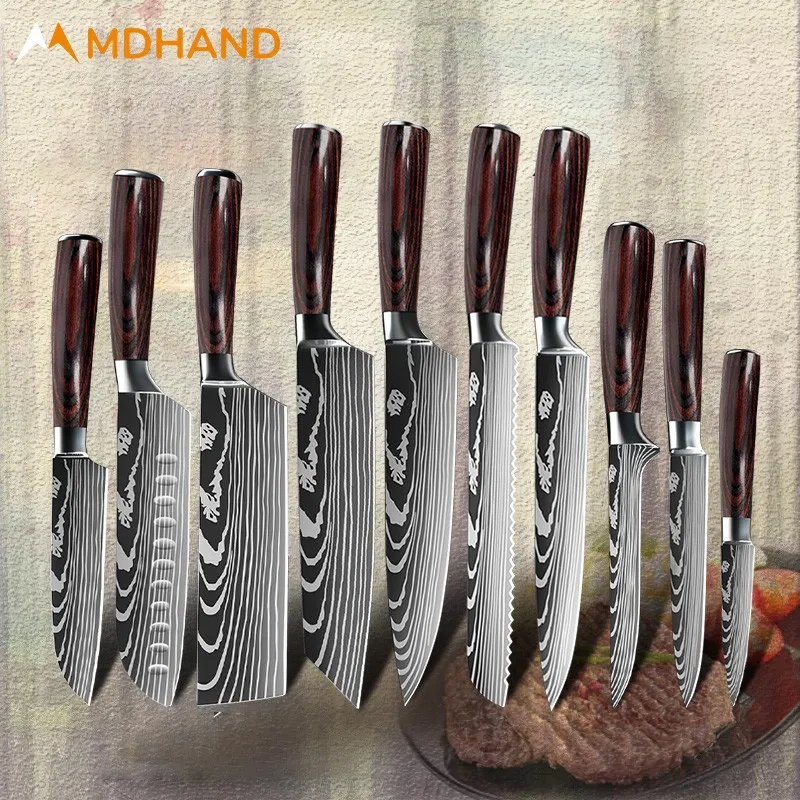 

Kitchen Tools 10 PCS Kitchen Knife Set of Utility Cleaver Chef Bread Slicing Knife Carbon German Stainless Steel Knives Sets