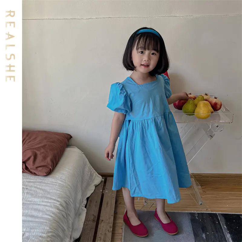 

Korean Style Summer Infant Girls Dress Solid Color Short Sleeve Newborn Baby Girls Princess Dress Kids Party Dresses