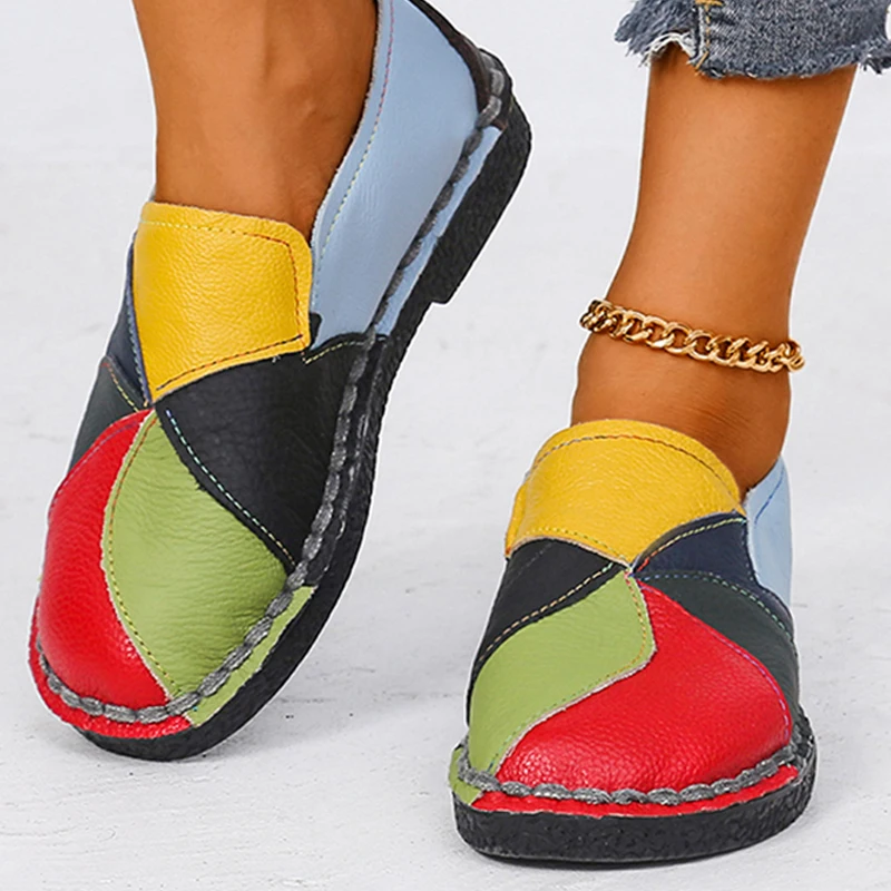 Women Loafers Patches Stitching Flat Shoes Woman Summer Flats Soft Candy Colors Genuine Leather Moccasins Loafers