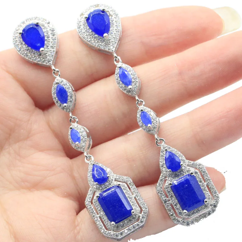 

64x14mm 13g Real 925 Solid Sterling Silver Earrings Jazaz Real Red Ruby Blue Sapphire Green Emerald Tanzanite Pink Kunzite CZ