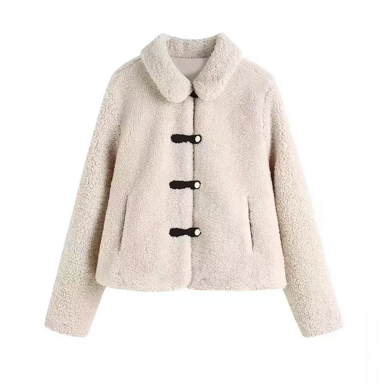 

2023 New Women Fleece Short Jacket Fashion Casual Lapel Long Sleeve Warm Coat Unique Button Design Trend Street Style