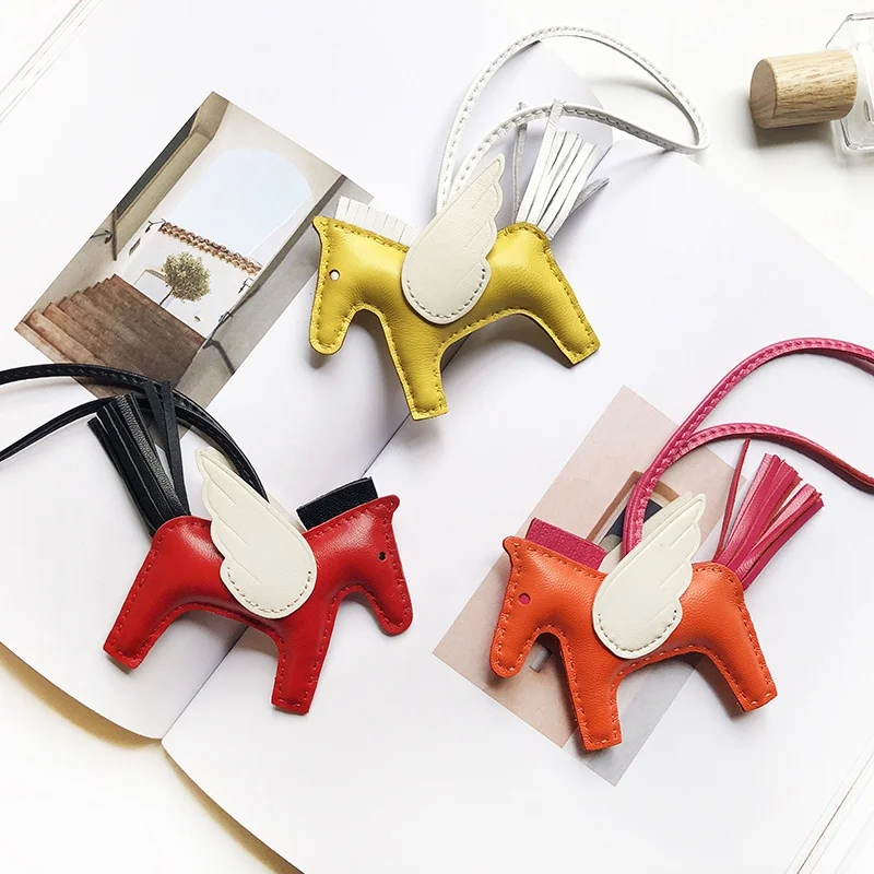 H family small Pegasus pendant hand-stitched bag pendant female leather tassel car small charm keychain pendant