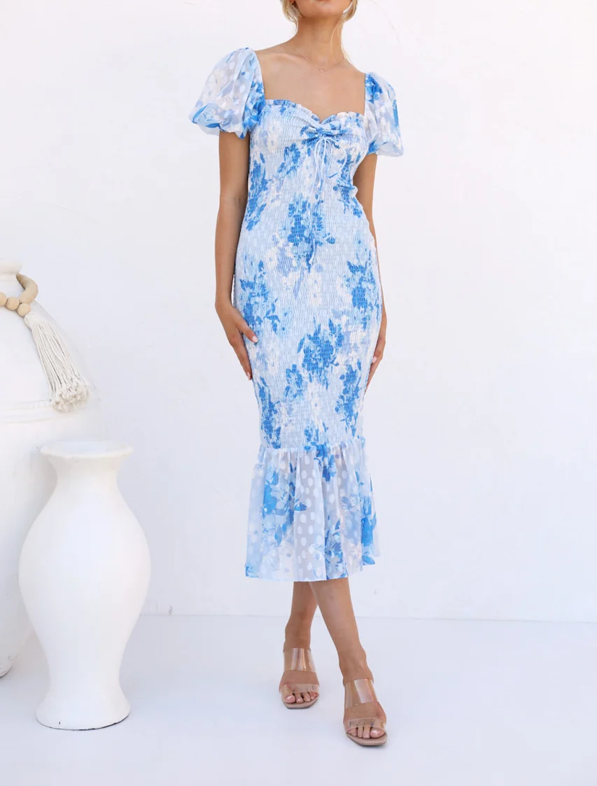 

2023 Summer New Women's Dress Temperament Printed Bubble Sleeve Backless Fishtail Dress for Women