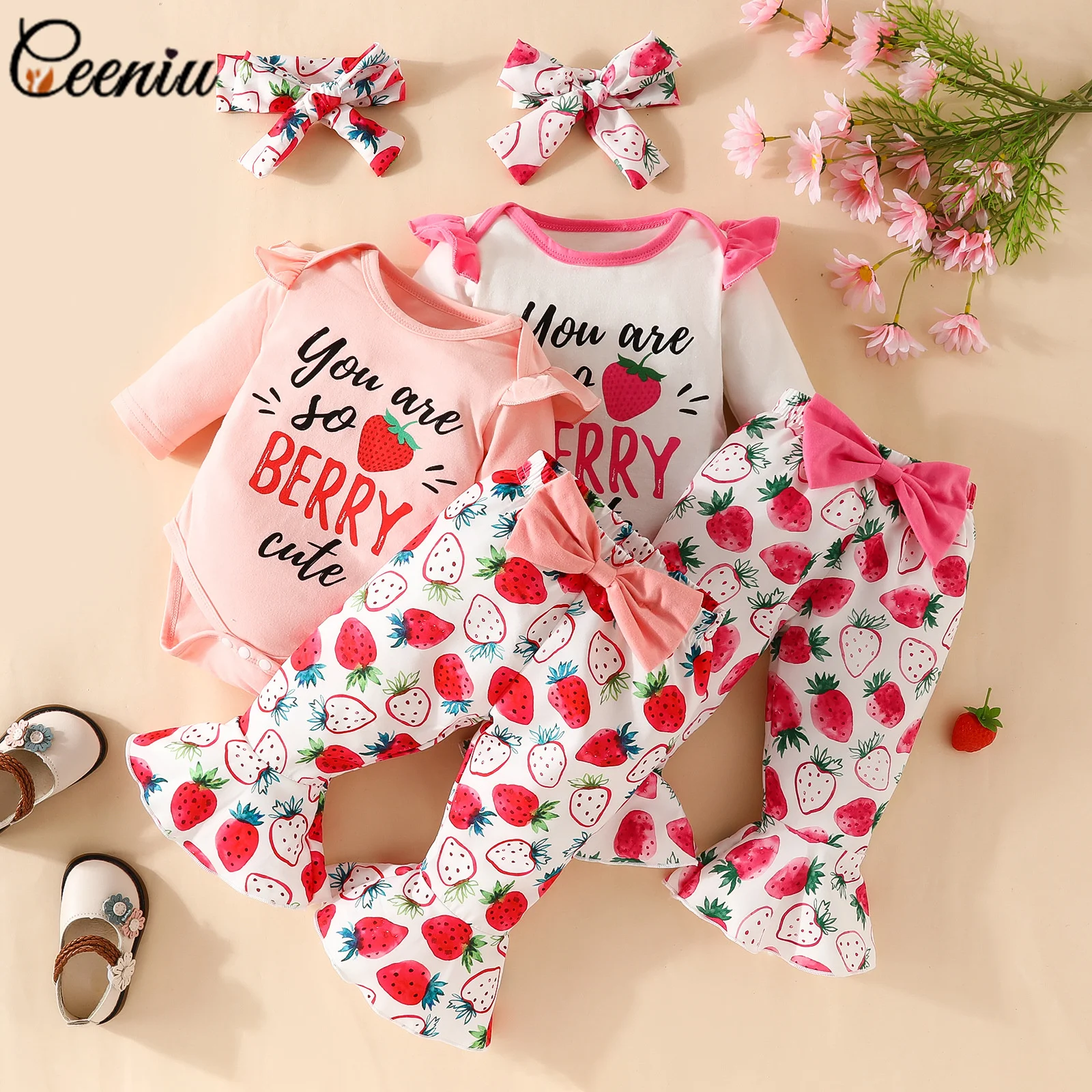 

Ceeniu 0-18M Strawberry Outfits For Girls Baby Clothes Letter Cotton Romper+Bowknot Printed Flared Pants New Born Girls Clothing