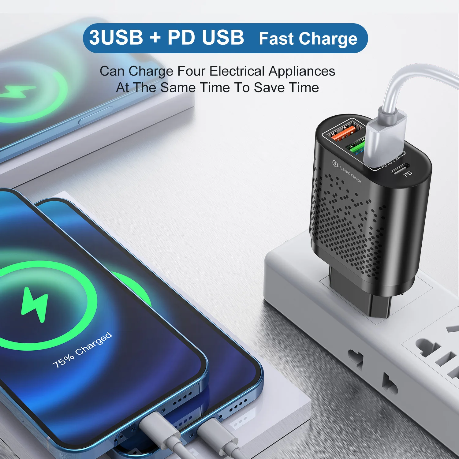 

3 Ports USB Charger Adapter 65W Fast Charger for Phone Charging for Iphone Samsung Xiaomi Tablet Quick Mobile Charger QC 3.0