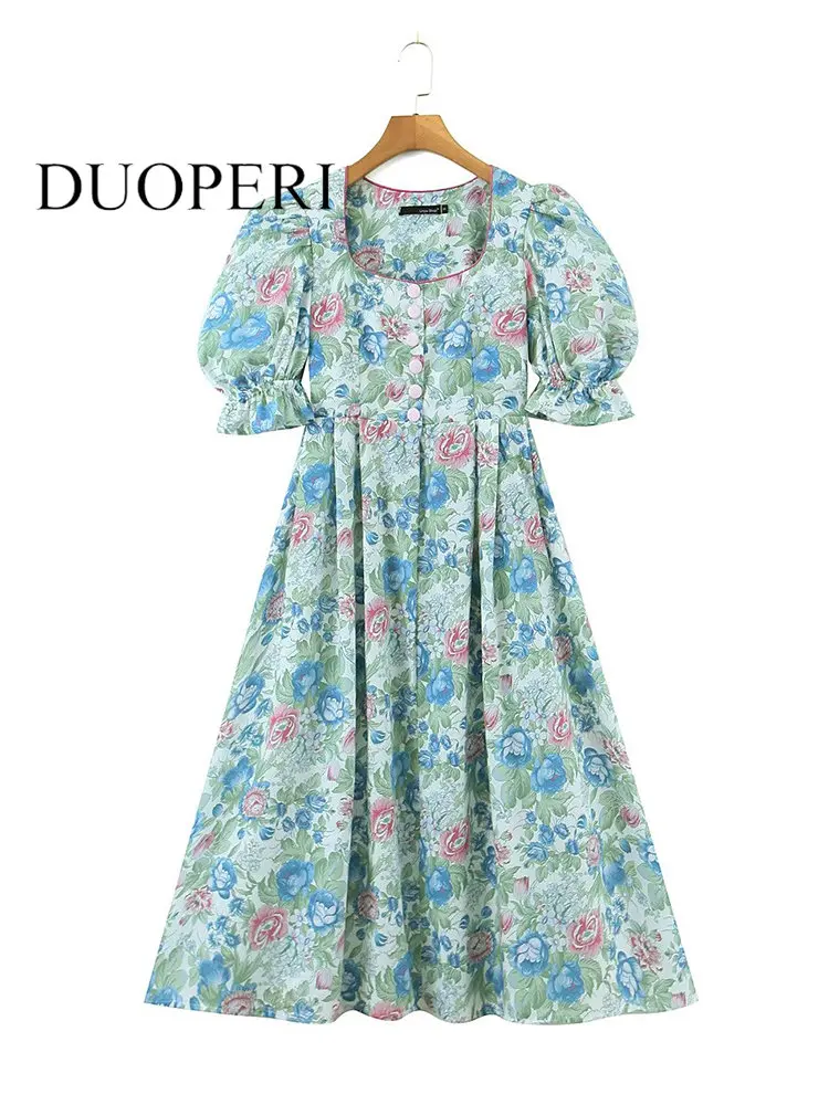 

Платье-миди женское однобортное с квадратным вырезом и коротким рукавом