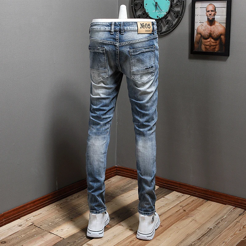 Vintage Fashion Men Jeans Retro Blue Elastic Slim Fit Hole Ripped Jeans Men Trousers Patched Designer Casual Denim Pants Hombre
