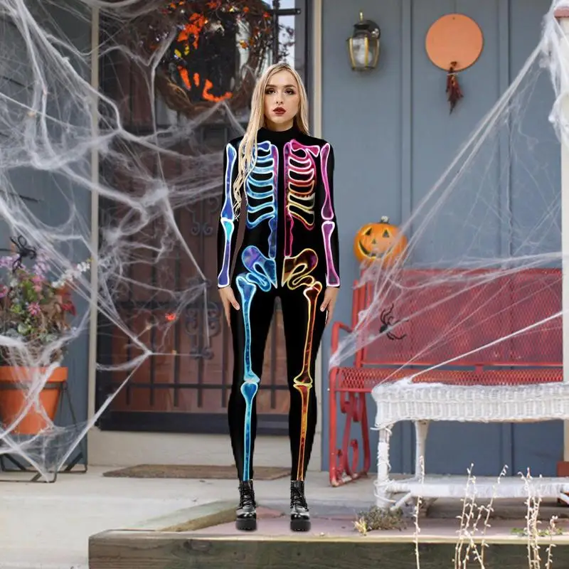 

Halloween Skeleton Jumpsuit 3D Digital Printing Skeleton Bodysuits with Back Zipper Halloween Cosplay Costume Long Sleeve