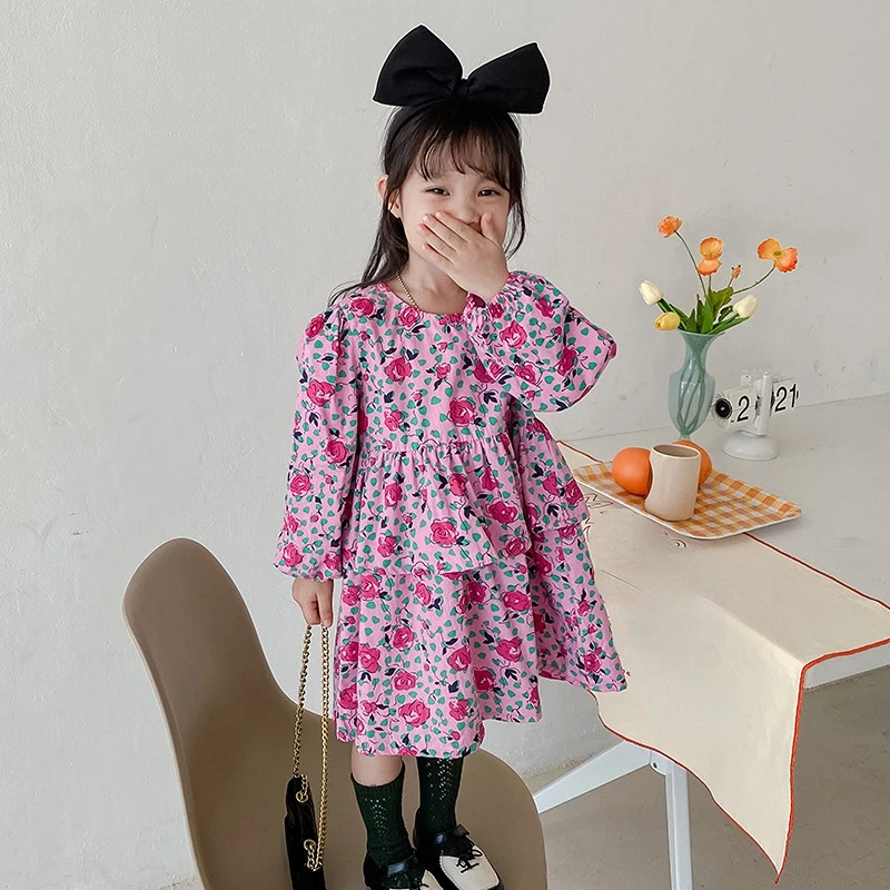 

2023 Spring Autumn New Children Clothing Sweet Floral Dress Toddler Girl Long-Sleeved Ruffle Layered Princess Dress