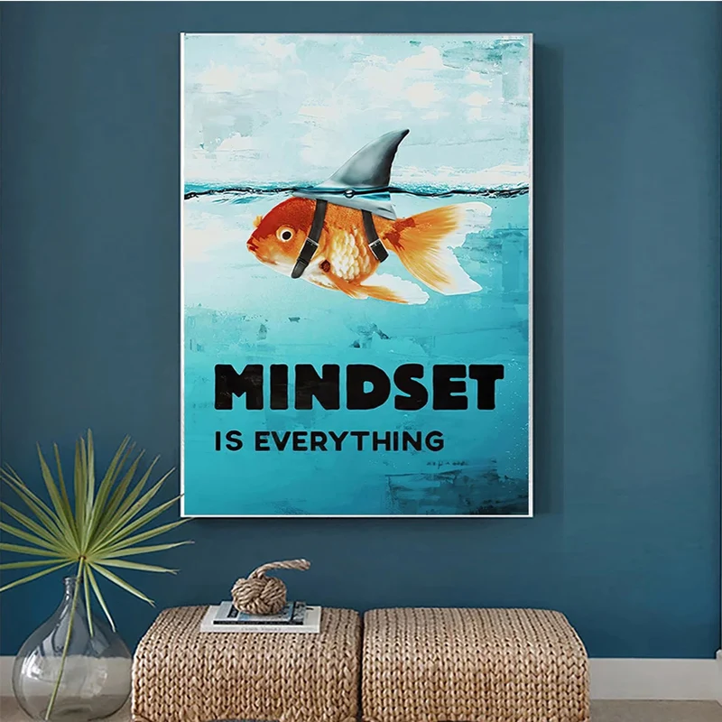 Мотивационный скандинавский постер Mindset Is all с изображением акулы и рыб для