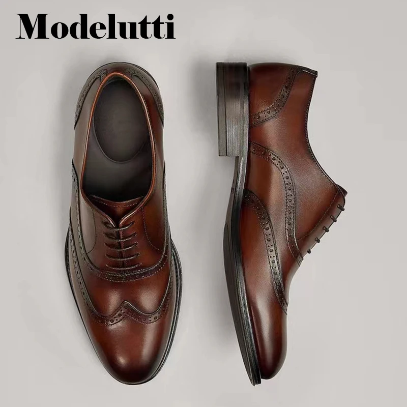 

Modelutti 2022 New Autumn Fashion Genuine Leather England Style Round Head Lacing Shoes Men Loose Simple Casual Brogues Male